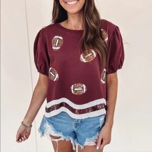 ❤️ PEACH LOVE CALIFORNIA GAME DAY SEQUIN FOOTBALL PUFF SLEEVE TOP, MEDIUM